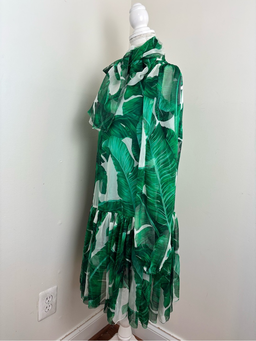 DOLCE & GABBANA Banana Leaf Silk Ribbon Dress White Green IT / 36 US XS - Picture 6 of 16